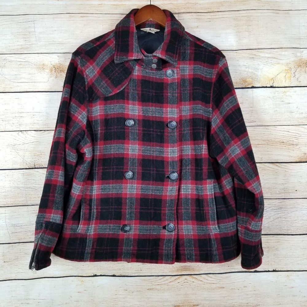 Woolrich Women's Size XL Wool Jacket Coat Red Black Plaid Double Breasted Button